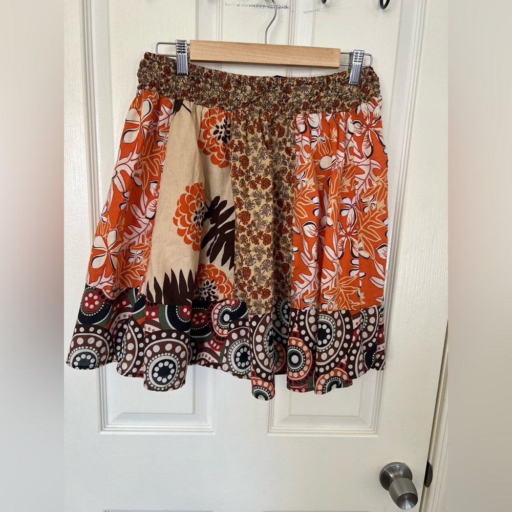 Sixteen Patchwork Boho Skirt Large Smocked Waist Cotton Retro Floral